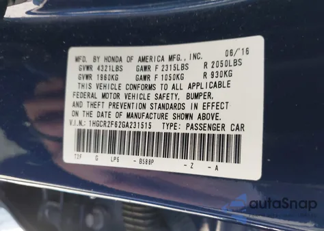 2016 Honda Accord Sport из США, поврежденный, VIN 1HGCR2F62GA231515